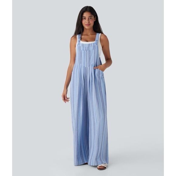 Halara Pants - NWOT Halara Stripe Wide Leg Flowy Casual Linen-Feel Overalls with Pockets XL Blu